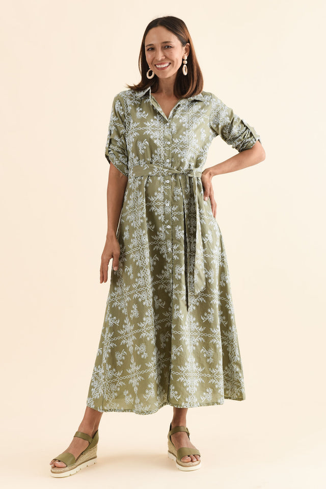 Acala Khaki Cotton Embroidered Dress,Full Body,Brunette model,alt text|model:Cara image 2