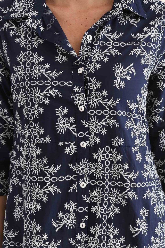 Acala Navy Cotton Embroidered Dress,Detail,Brunette model,alt text|model:MJ image 5