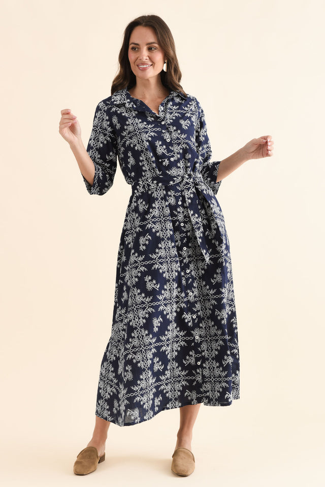 Acala Navy Cotton Embroidered Dress,Full Body,Brunette model,alt text|model:MJ image 2