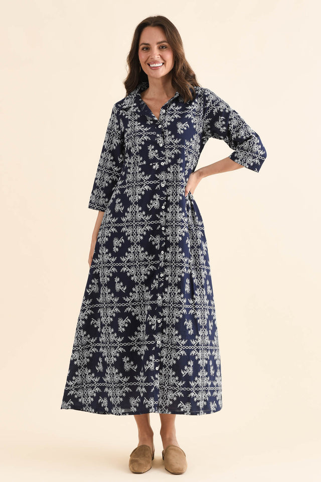 Acala Navy Cotton Embroidered Dress,Front,Brunette model,alt text|model:MJ image 1