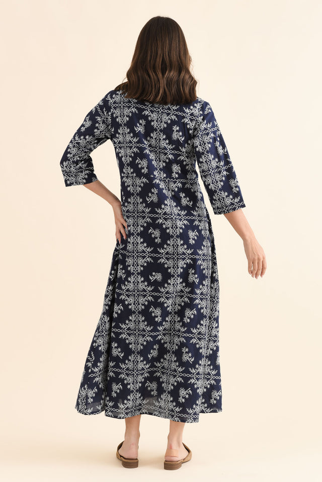 Acala Navy Cotton Embroidered Dress,Back,Brunette model,alt text|model:MJ image 4
