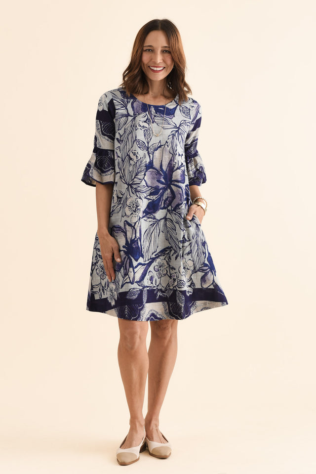 Act Blue Floral Cotton Ruffle Dress,Full Body,Brunette model,alt text|model:Cara image 2