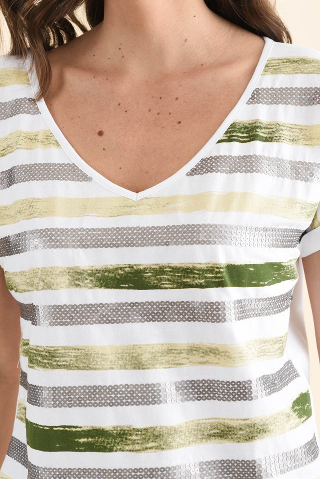 Adli Green Stripe Cotton Sequin Tee,Detail,Brunette model,alt text|model:MJ image 5