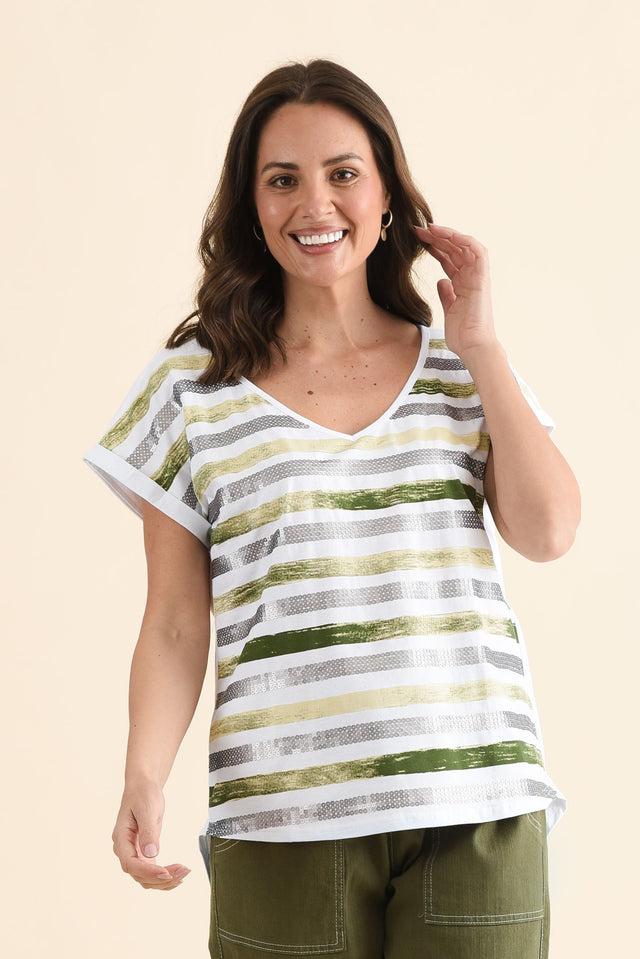 Adli Green Stripe Cotton Sequin Tee,Front,Brunette model,alt text|model:MJ image 1