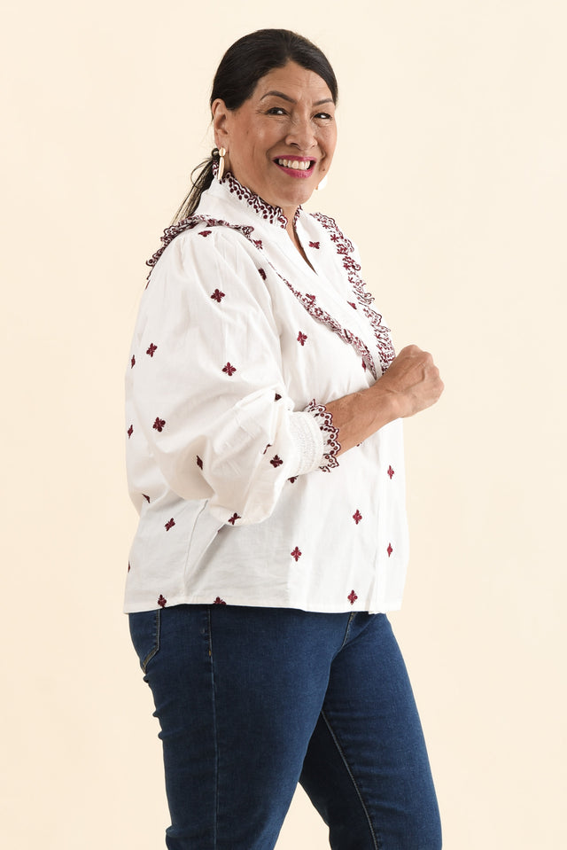 Agnes White Spot Embroidered Shirt,Side,Brunette model,alt text|model:Pilita image 3