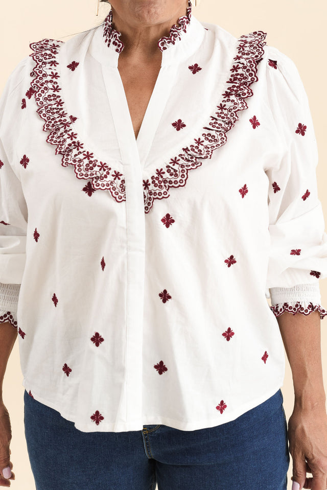 Agnes White Spot Embroidered Shirt,Detail,Brunette model,alt text|model:Pilita image 5