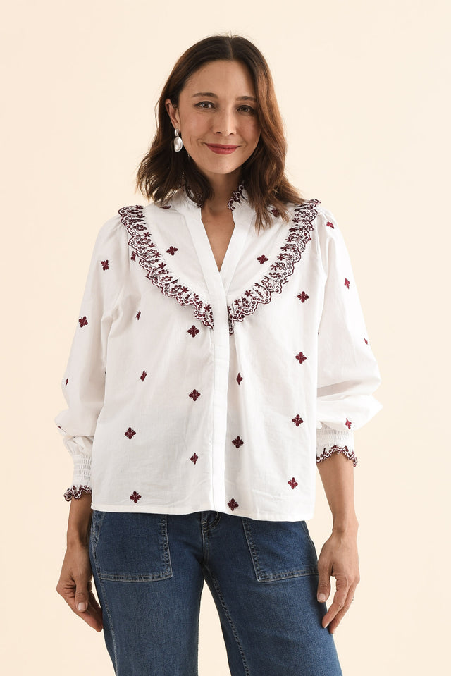 Agnes White Spot Embroidered Shirt,Front,Brunette model,alt text|model:Cara image 2
