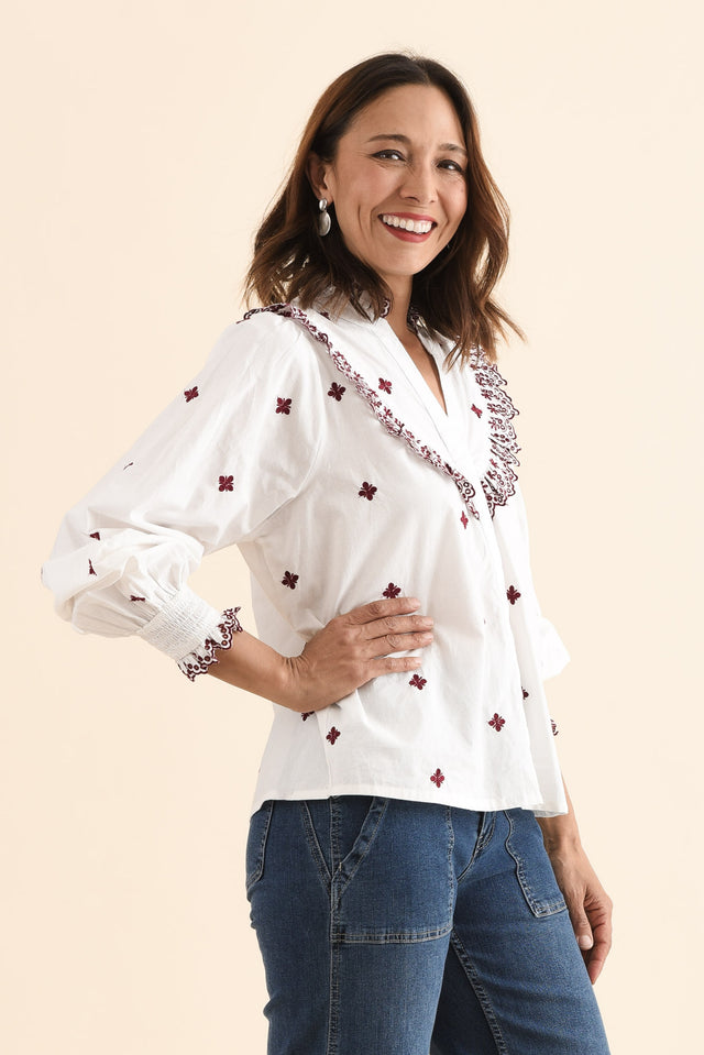 Agnes White Spot Embroidered Shirt,Side,Brunette model,alt text|model:Cara image 4