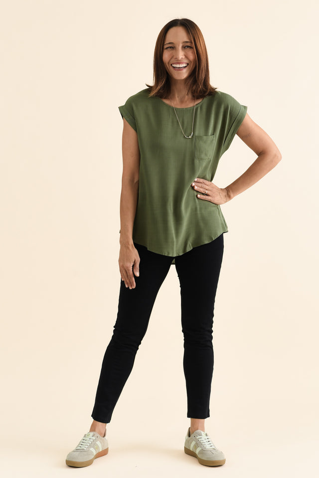 Aiden Khaki Linen Blend Pocket Top,brunette model,Full Outfit,alt text|model:Cara image 6