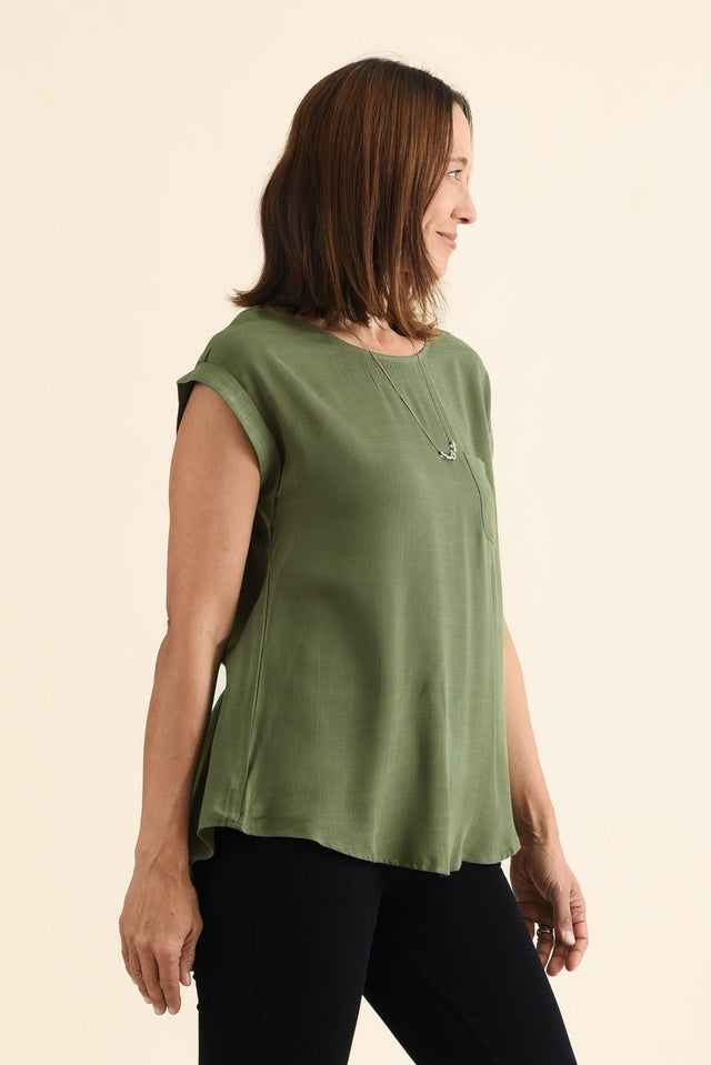 Aiden Khaki Linen Blend Pocket Top,Side,Brunette model,alt text|model:Cara image 4