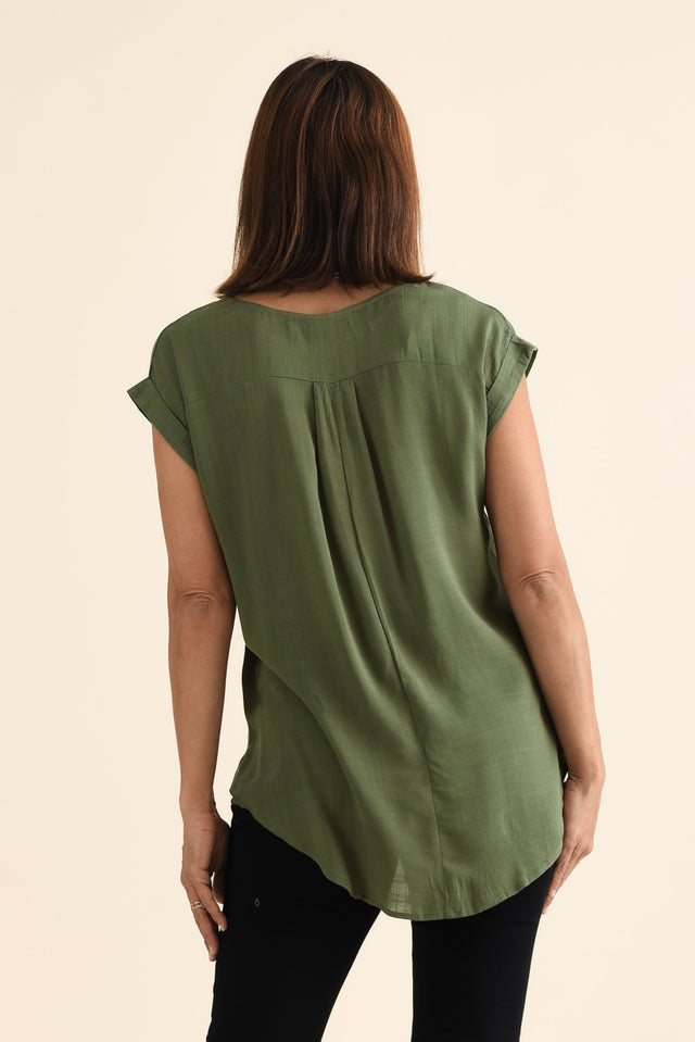 Aiden Khaki Linen Blend Pocket Top,Back,Brunette model,alt text|model:Cara image 5