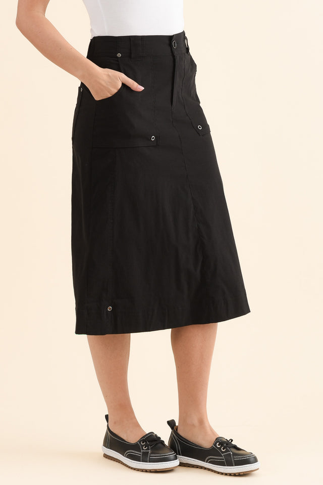 Air-Lite Black Stretch Cargo Skirt,Side,Brunette model,alt text|model:MJ image 3