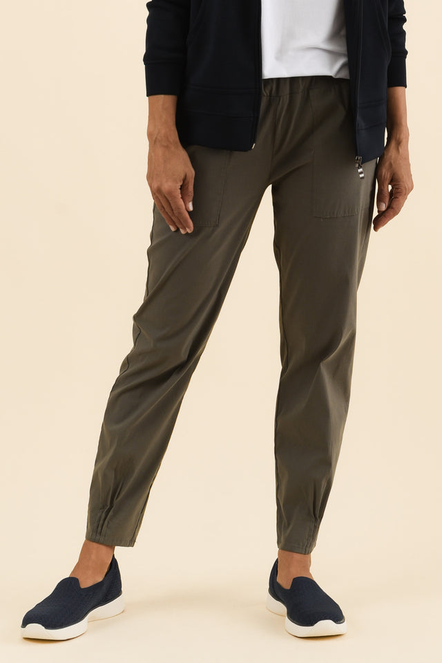 Air-Lite Olive Stretch Cargo Pants,Front,Brunette model,alt text|model:Cara