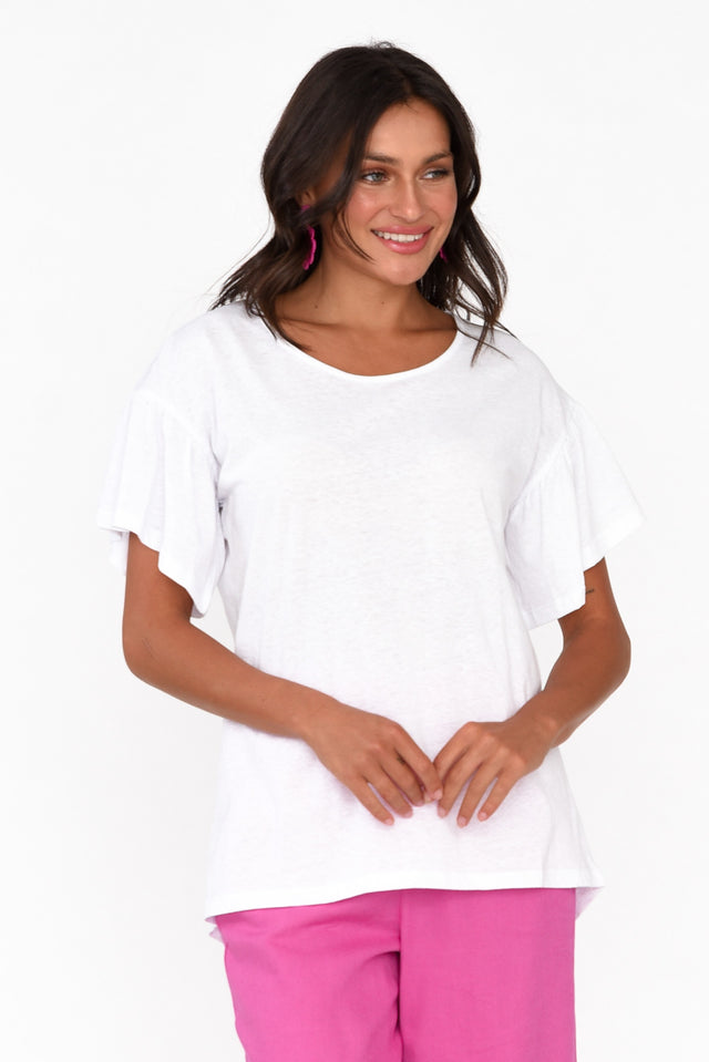 Alessia White Cotton Blend Frill Top neckline_Round  alt text|model:Brontie;wearing:AU 8 / US 4