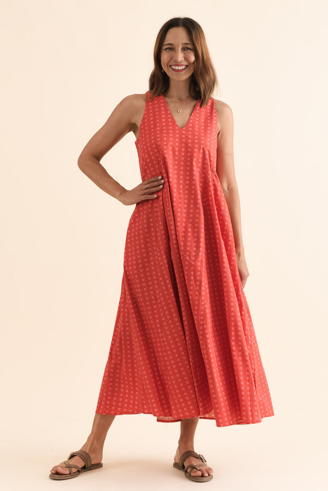 Aleta Orange Check Cotton Sleeveless Dress,Full Body,Brunette model,alt text|model:Cara image 6