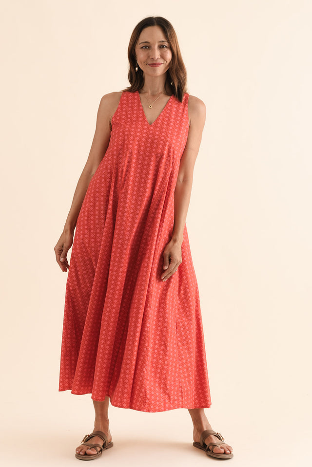 Aleta Orange Check Cotton Sleeveless Dress,Full Body,Brunette model,alt text|model:Cara image 2