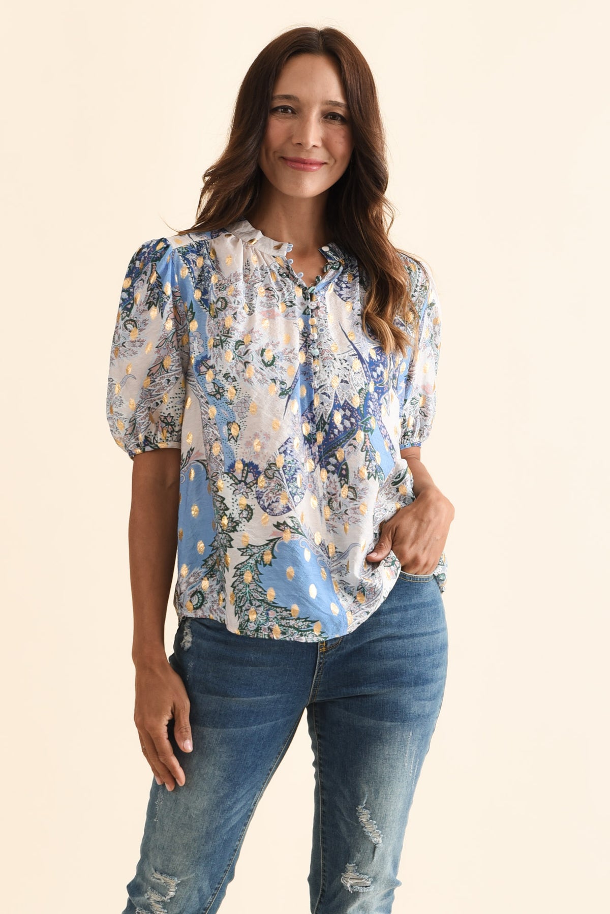 Alexandra Blue Abstract Button Top - Blue Bungalow AU