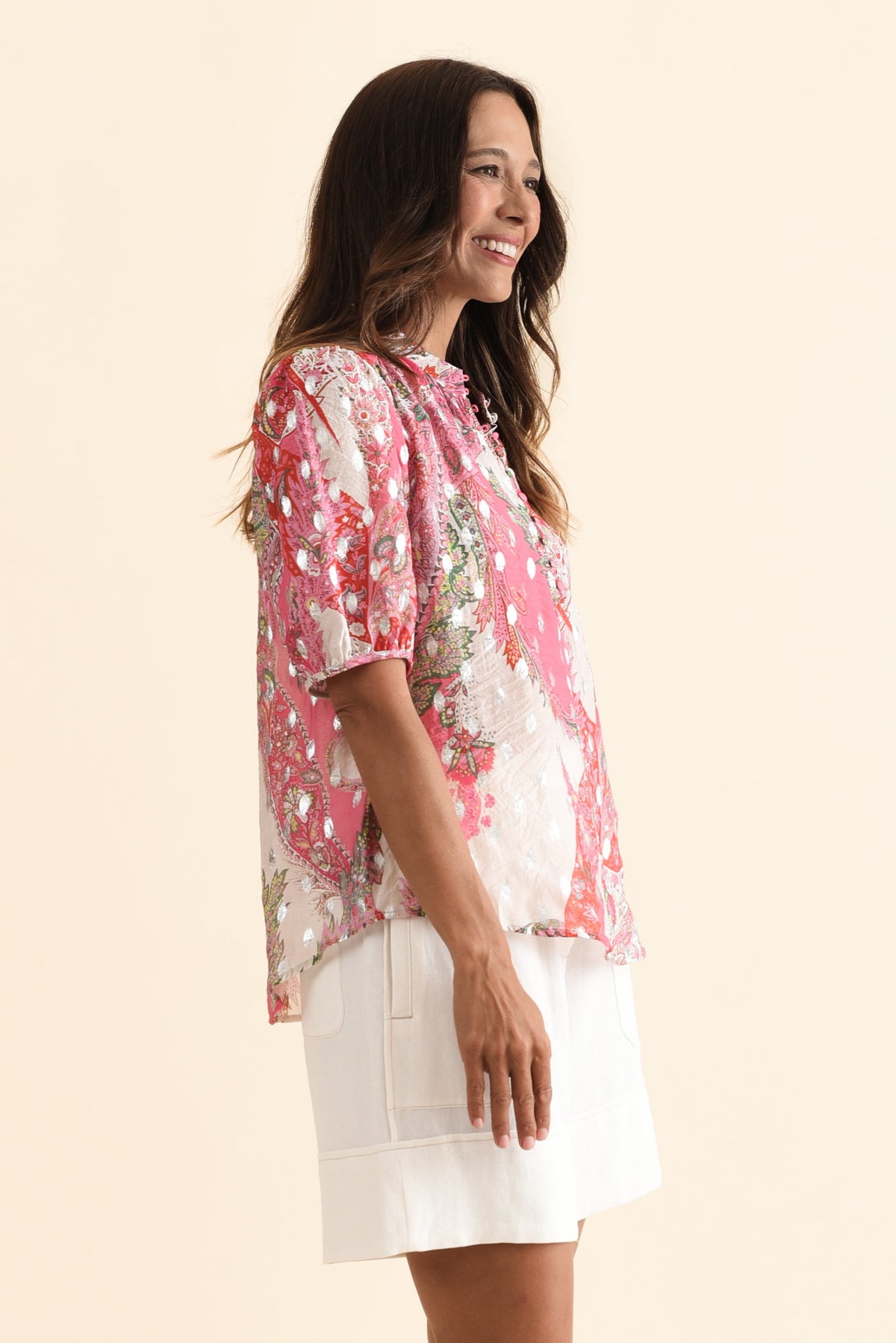 Alexandra Pink Paisley Button Top - Blue Bungalow AU