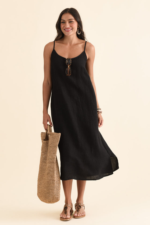 Alexia Black Linen Slip Dress,Front,Brunette model,alt text|model:Brontie image 1