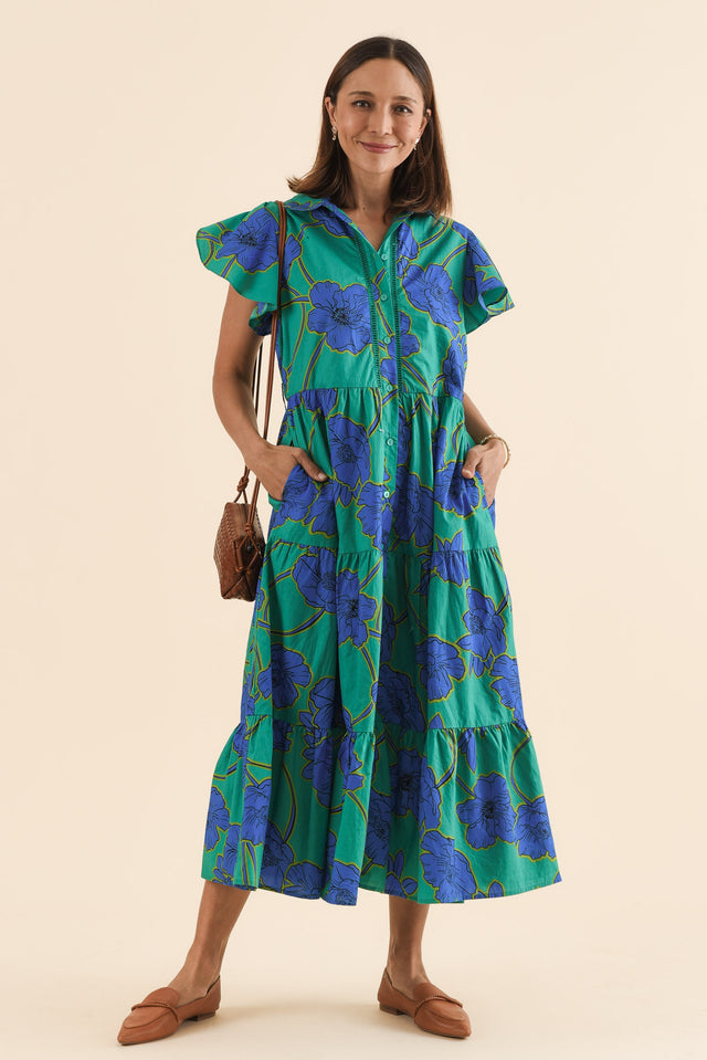 Alice Cobalt Floral Cotton Tiered Dress,Front,Brunette model,alt text|model:Cara image 1