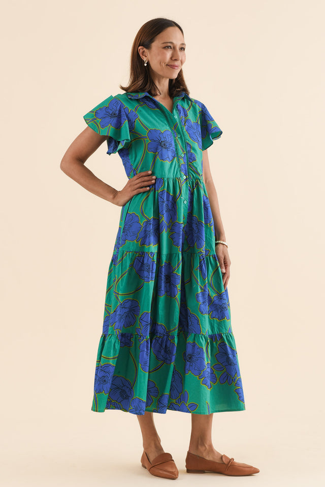 Alice Cobalt Floral Cotton Tiered Dress,Side,Brunette model,alt text|model:Cara image 3