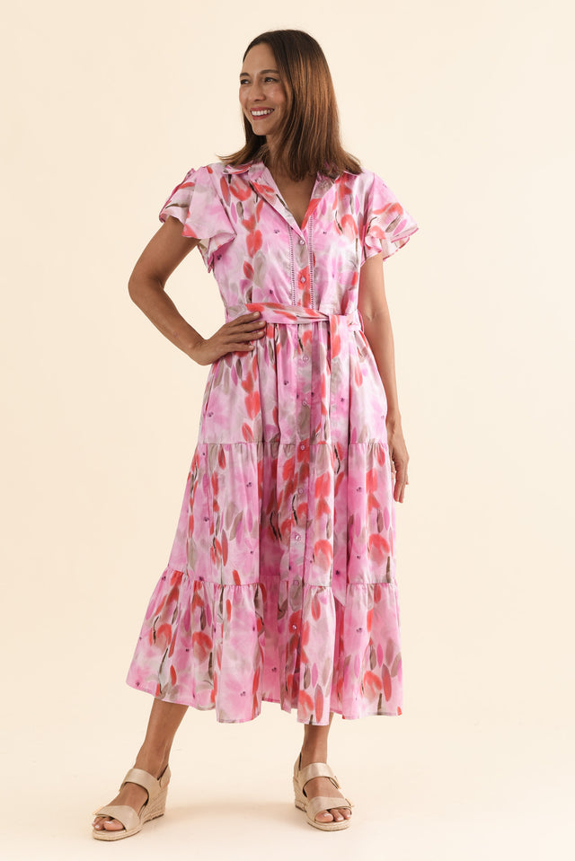Alice Pink Floral Cotton Tiered Dress,Full Body,Brunette model,alt text|model:Cara image 2