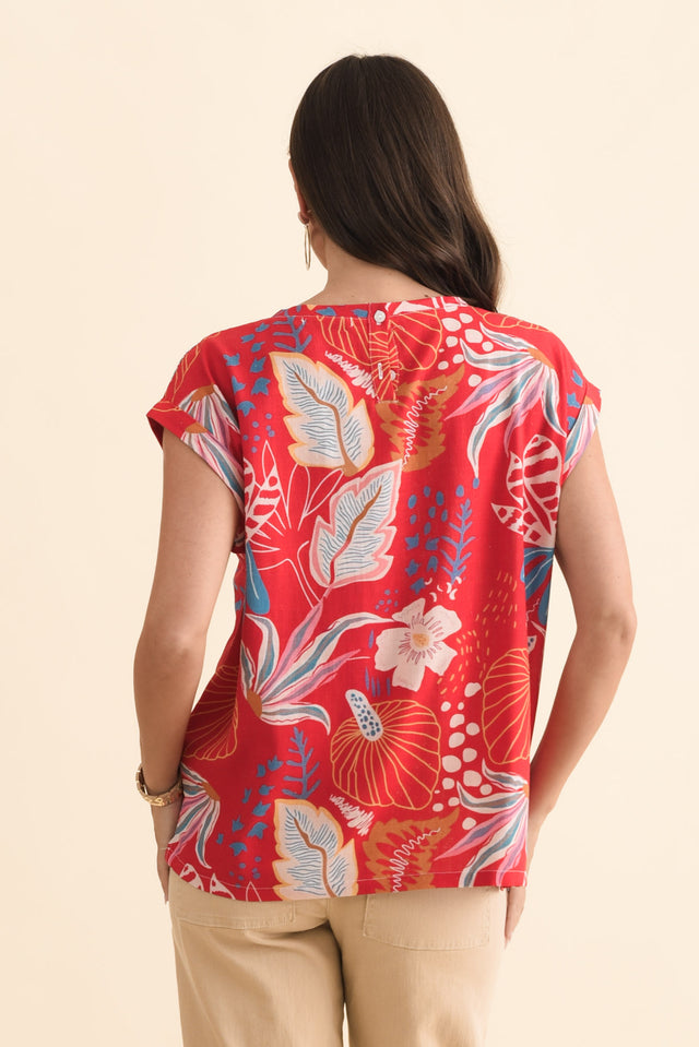 Alta Red Foliage Linen Cotton Top,Brunette model,alt text|model:MJ image 5