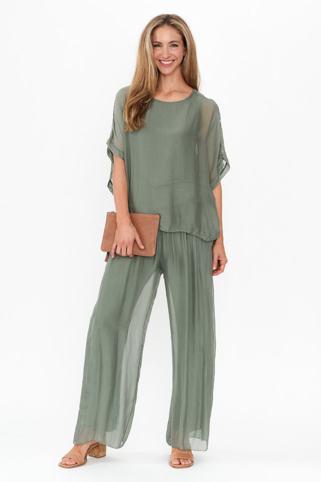 Anaya Khaki Silk Sequin Layer Pants