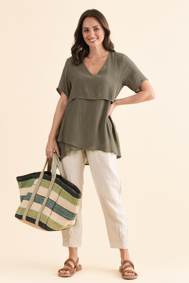 Alvina Khaki Layered Tunic Top,Full Body,Brunette model,alt text|model:MJ image 3