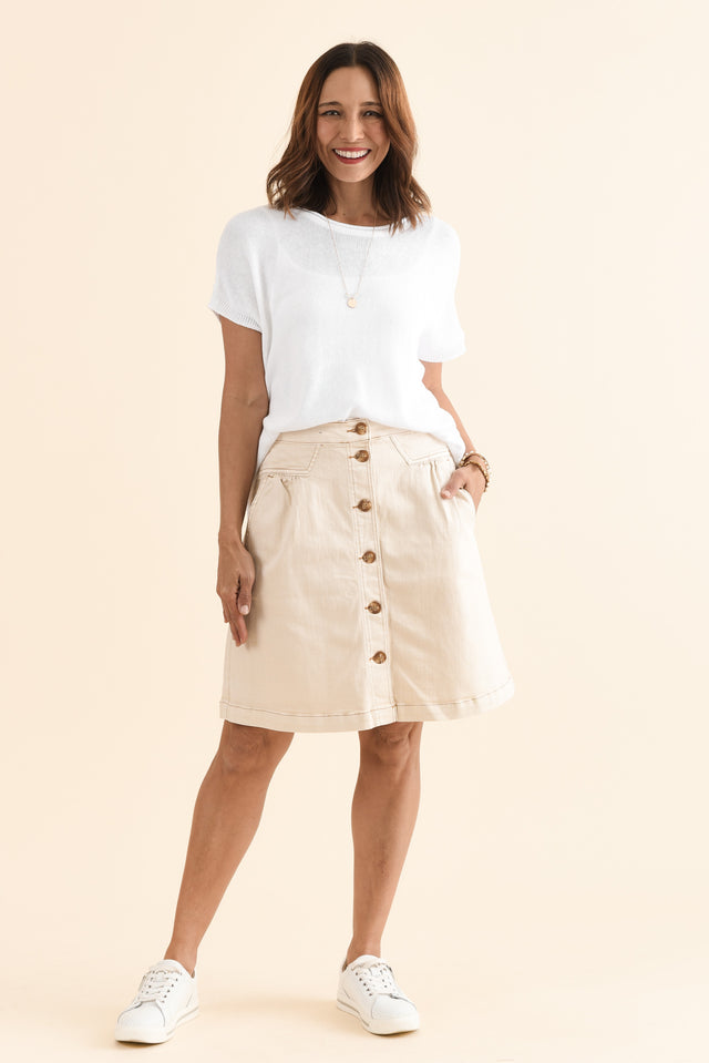 Amanda Ivory Stretch Denim Skirt,Full Body,Brunette model,alt text|model:Cara image 3