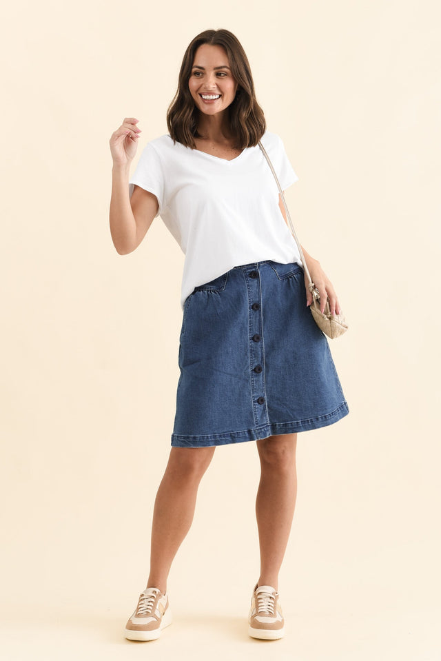 Amanda Light Blue Stretch Denim Skirt,Full Body,Brunette model,alt text|model:MJ image 4