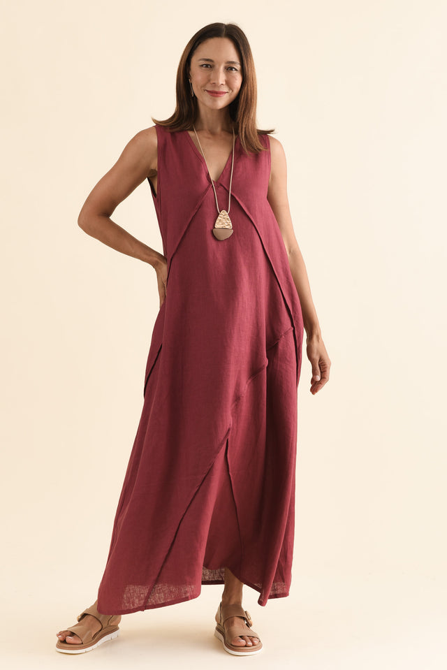 Amari Berry Linen Pocket Dress,Full Body,Brunette model,alt text|model:Cara image 6
