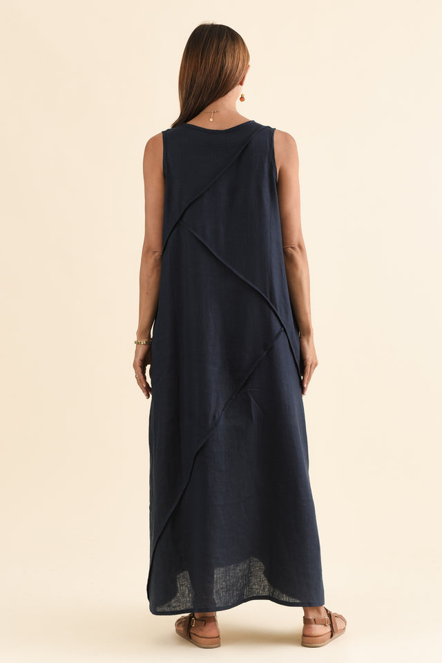 Amari Navy Linen Pocket Dress,Back,Brunette model,alt text|model:Cara image 4