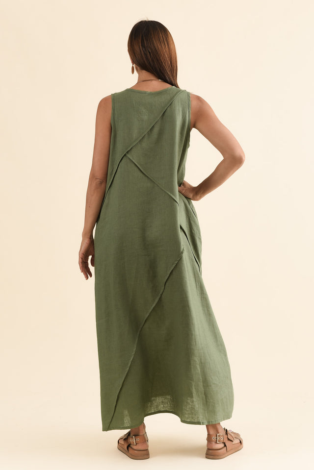 Amari Olive Linen Pocket Dress,Back,Brunette model,alt text|model:Cara image 4