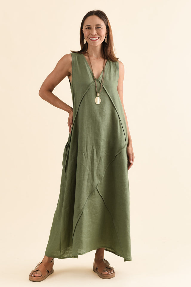 Amari Olive Linen Pocket Dress,Front,Brunette model,alt text|model:Cara image 1