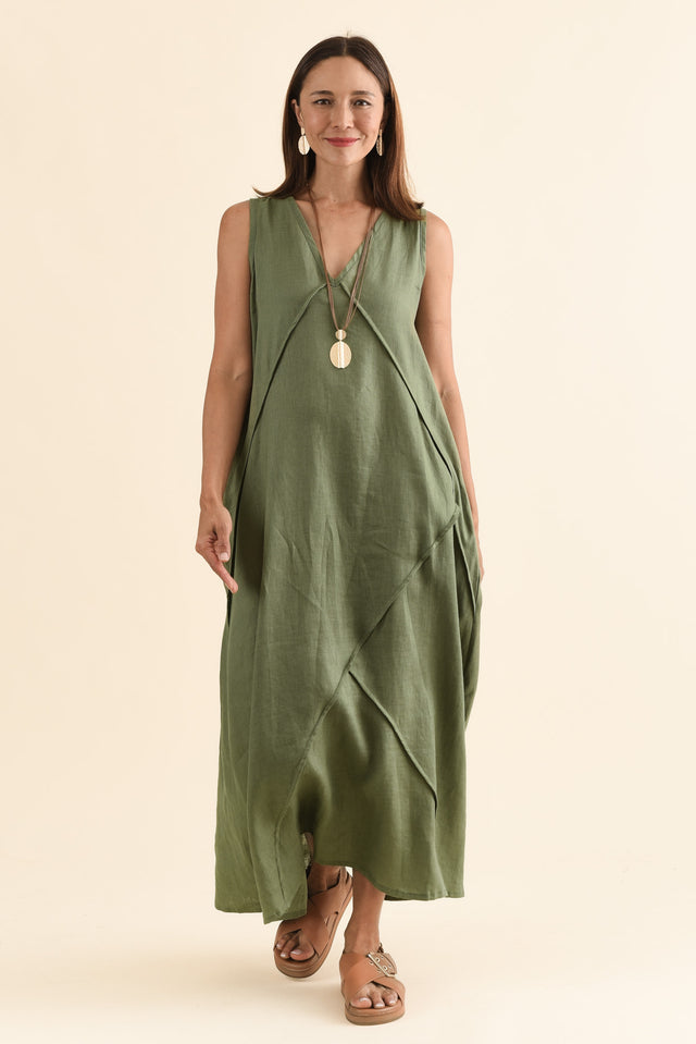 Amari Olive Linen Pocket Dress,Full Body,Brunette model,alt text|model:Cara image 6