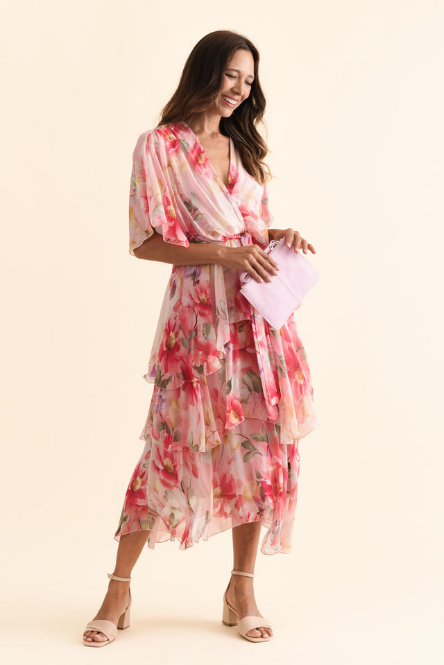 Amelie Pink Floral Silk Layer Dress,Brunette model,alt text|model:Cara image 4