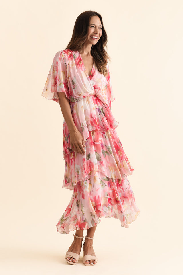 Amelie Pink Floral Silk Layer Dress,Brunette model,alt text|model:Cara image 8