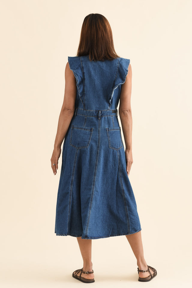 Amity Blue Denim Frill Sleeve Dress,Back,Brunette model,alt text|model:Cara image 4