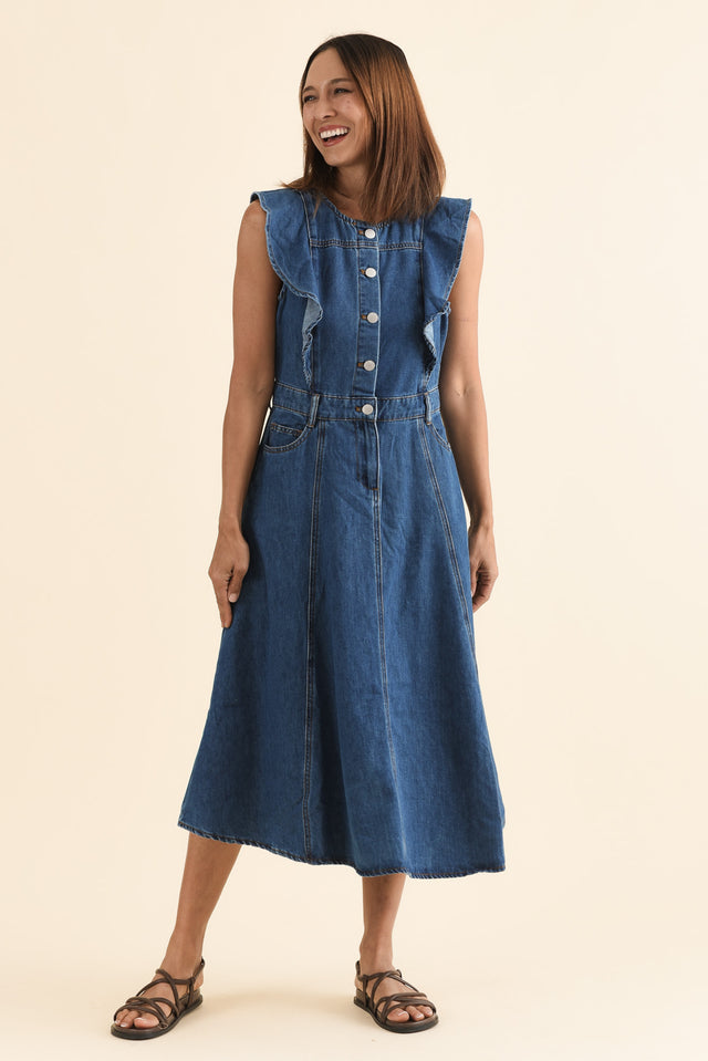 Amity Blue Denim Frill Sleeve Dress,Full Body,Brunette model,alt text|model:Cara image 6