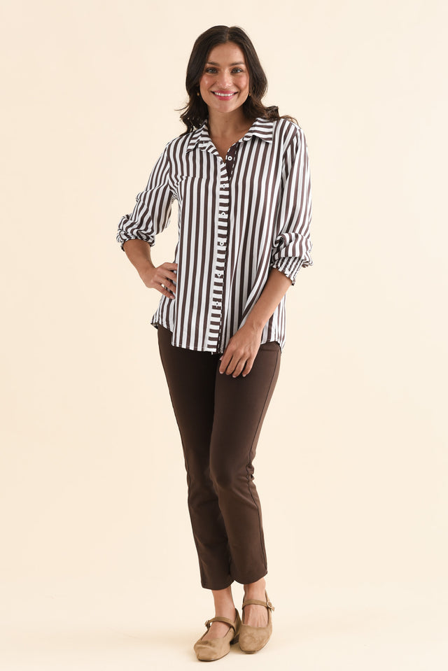 Amour Chocolate Stripe Puff Sleeve Shirt,Full Body,Brunette model,alt text|model:Brontie