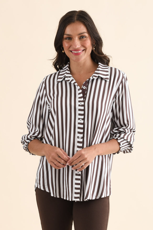 Amour Chocolate Stripe Puff Sleeve Shirt,Front,Brunette model,alt text|model:Brontie