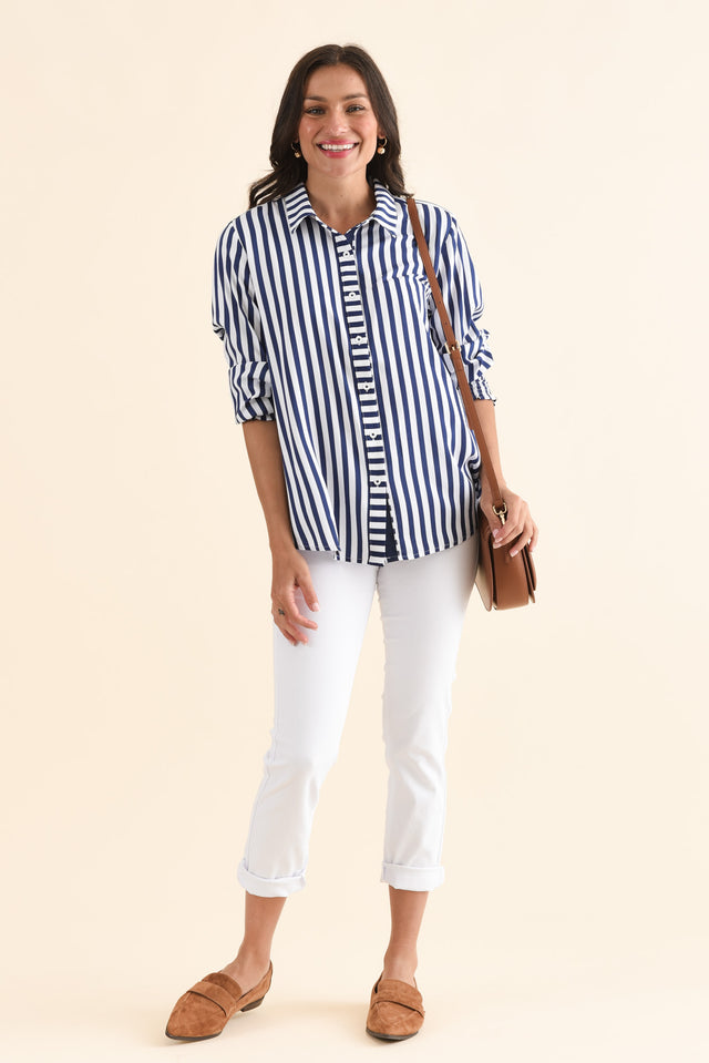 Amour Navy Stripe Puff Sleeve Shirt,Full Body,Brunette model,alt text|model:Brontie