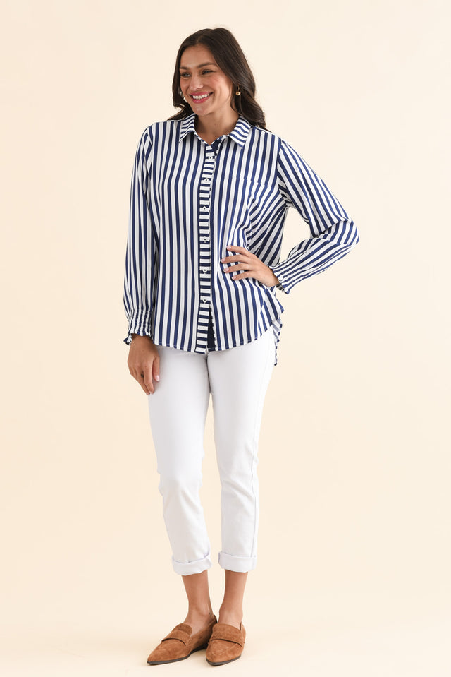 Amour Navy Stripe Puff Sleeve Shirt,Full Body,Brunette model,alt text|model:Brontie image 6