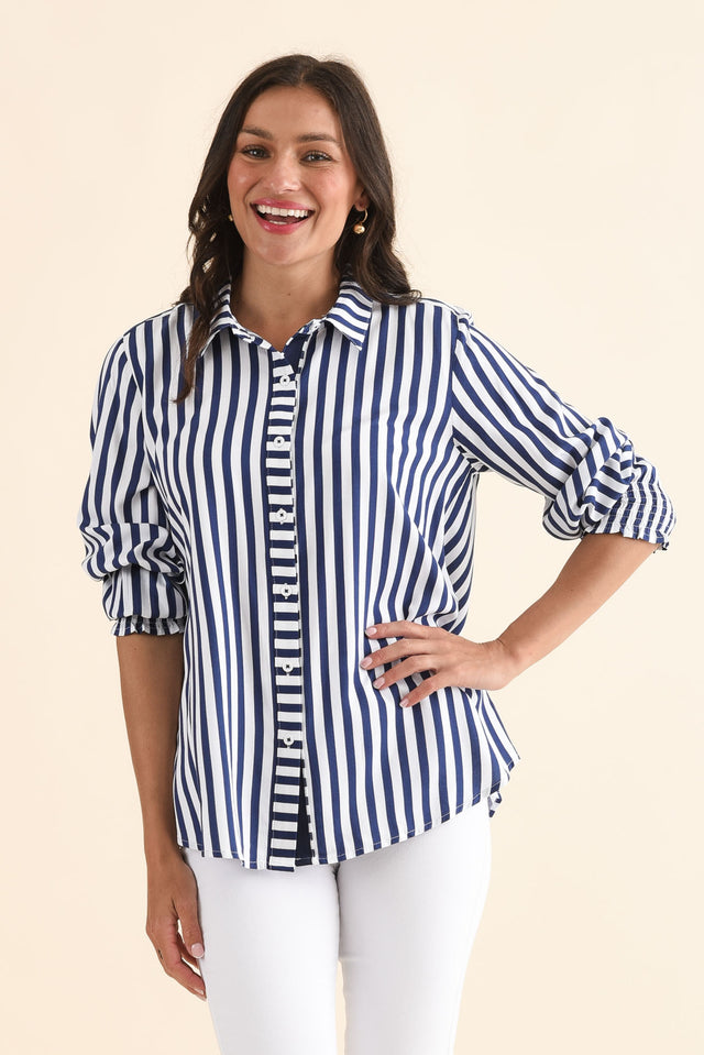 Amour Navy Stripe Puff Sleeve Shirt,Front,Brunette model,alt text|model:Brontie