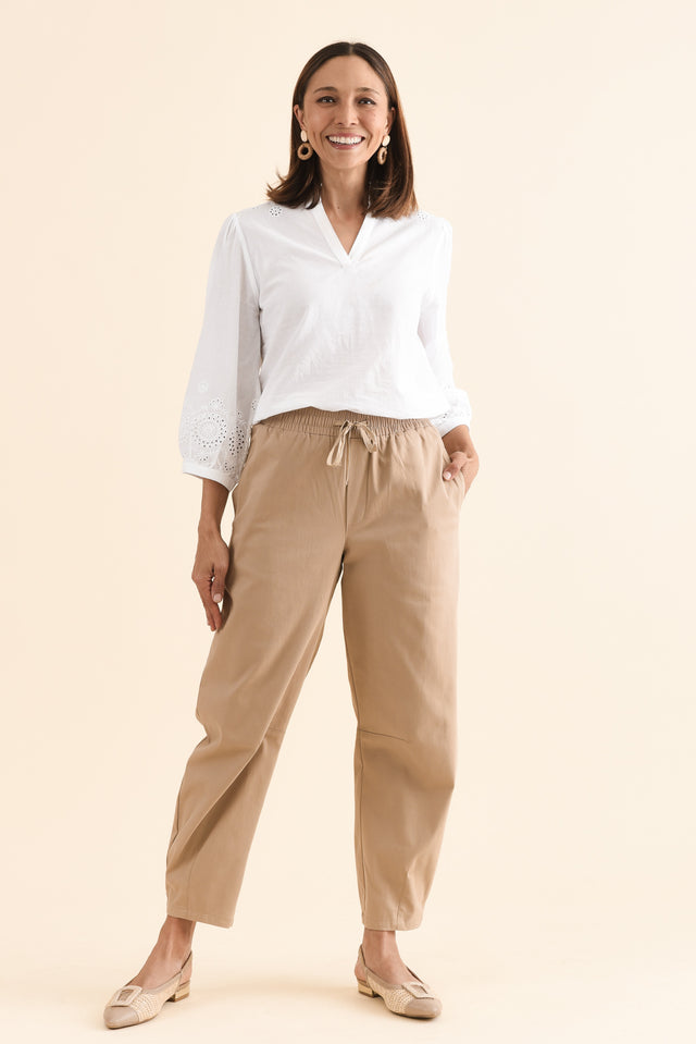 Andy Beige Cotton Barrel Pants,Full Body,Brunette model,alt text|model:Cara image 4