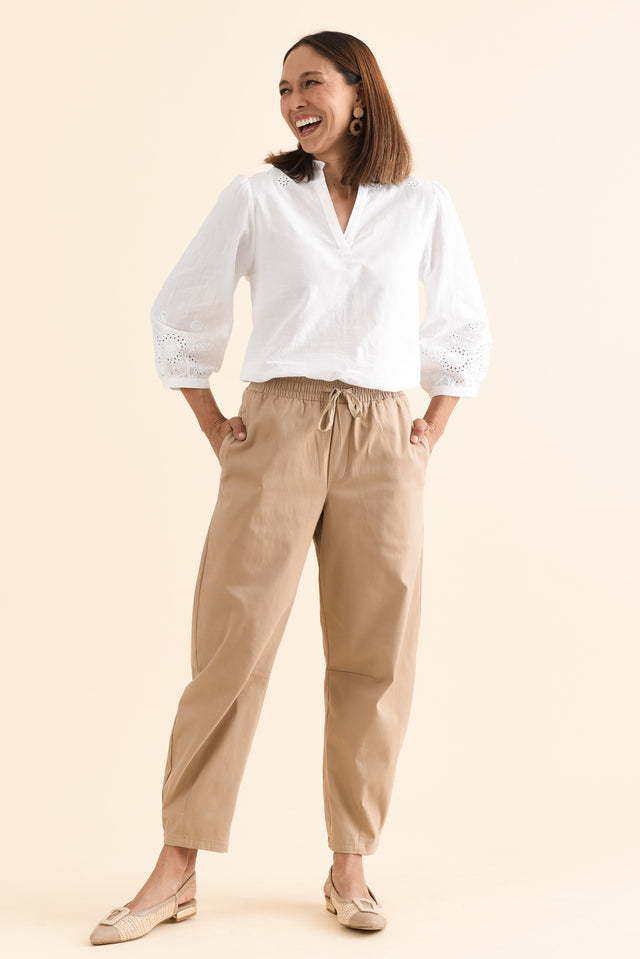 Andy Beige Cotton Barrel Pants,Full Body,Brunette model,alt text|model:Cara image 8