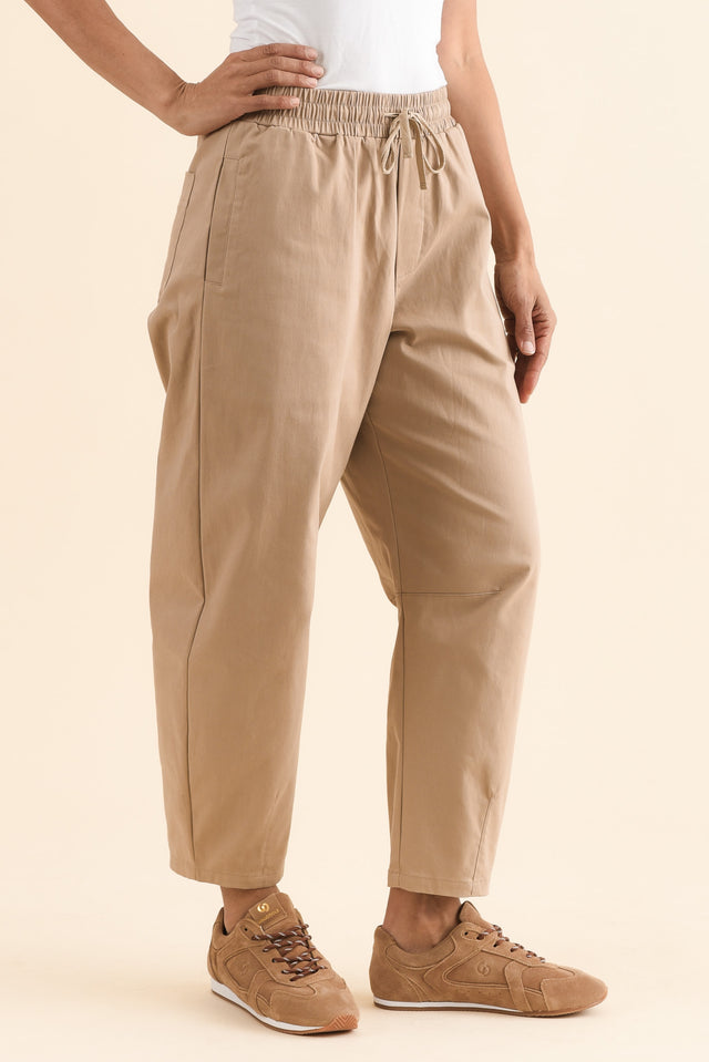 Andy Beige Cotton Cropped Barrel Pants,Side,Brunette model,alt text|model:Cara image 4