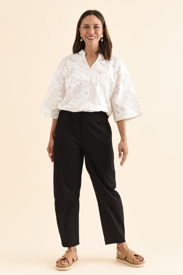 Andy Black Cotton Barrel Pants,Full Body,Brunette model,alt text|model:Cara image 2