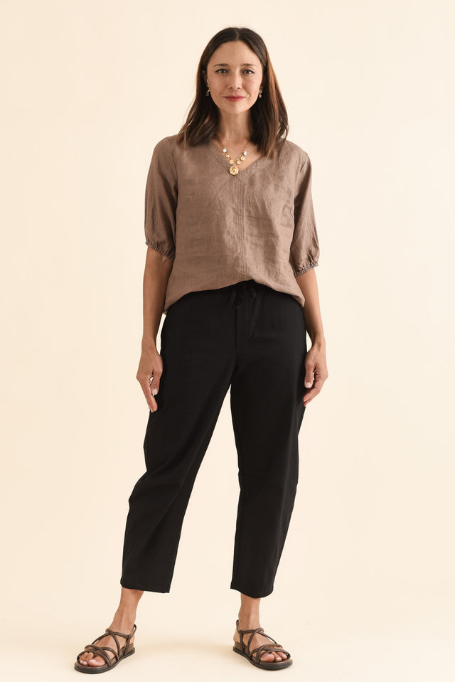 Andy Black Cotton Cropped Barrel Pants,Full Body,Brunette model,alt text|model:Cara image 6
